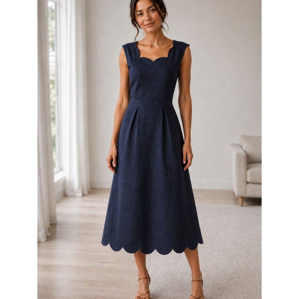 Sigrid Olsen XS Navy Blue Linen Blend Midi Dress Scalloped Hem Neckline Pleated